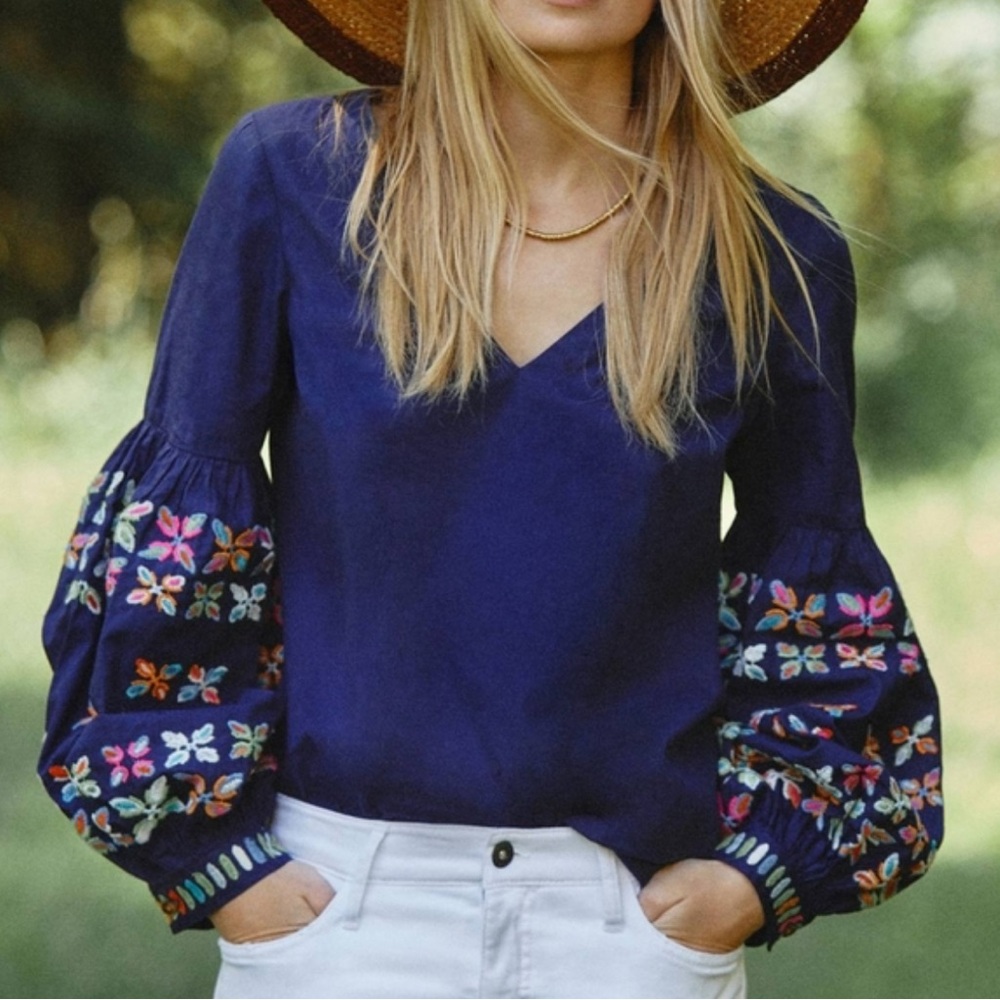 Embroidered Navy Blouse with Colorful Sleeves